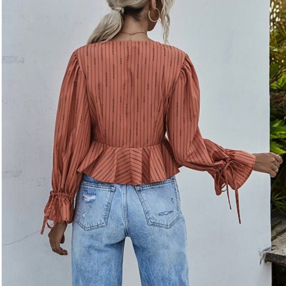 SHEIN Tie Front Ruffle Hem Striped Top - Picture 2 of 5